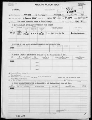 VMF-121 - ACA Report #25 - Bombing & Strafing Bivouac Area Near Ngatpang, Babelthuap Island, Palau Islands on 1/3/45