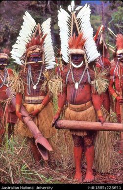 Elaborately dressed Febi drummers with intricate designs painted on their bodies prepare to participate in the end-of-year cultural activities at Koroba Provincial High School