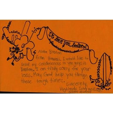 Card mailed to Boston Medical Center from student at Highlands Intermediate School (Hawaii)