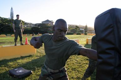 A US Marine Corps (USMC) Marine, Headquarters & Service Battalion (H&S BN), Marine Forces Pacific (MARFORPAC), performs lead and rear hand punches during a unit conditioning exercise, designed to enhance combat readiness and improve physical fitness, held onboard Camp H. M. Smith, Hawaii (HI)