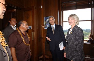 Secretary Gale Norton, far right, and Deputy Assistant Secretary for Insular Affairs David Cohen, second from right, greeting members of visiting political delegation from American Samoa, at Department of Interior headquarters