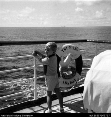 Philp Edwards on deck of MV Tri Ellis as it leaves Ocean Island