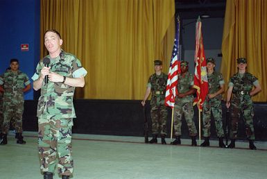 General Charles C. Krulak, 31st Commandant of the Marine Corps, addressing the 3rd Marines during a birthday ceremony at Kaneohe Bay, Marine Corps Base Hawaii. The General was on site during his farewell tour