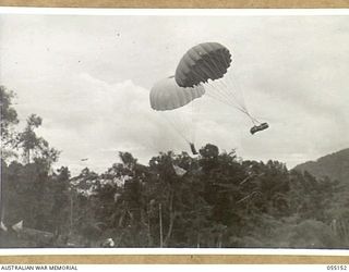 NEW GUINEA, 1943-08-01. GOODVIEW DROPPING AREA SHOWING SUPPLY PARACHUTES ALMOST ON THE GROUND. OTHER PARACHUTES CAN BE SEEN SUSPENDED FROM TREES