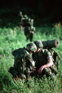 Two Marines adjust their gear before moving into the jungle during Exercise Kennel Bear '89. The Marines, from Marine Barracks Guam, are acting as aggressors against Seabees from Naval Mobile Construction Battalion 3 (NMCB-3) and Marines from the 3rd Force Service Support Group (3rd FSSG)