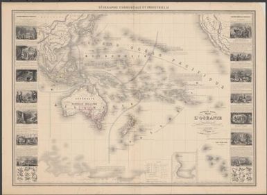 Nouvelle carte illustrʹee de l'Ocʹeanie : prʹesentant les grandes divisions physiques la distribution gʹeographique des vʹegetaux et des minʹeraux / dressʹee par A. Vuillemin, Gʹeographe ; gravʹee par Langevin