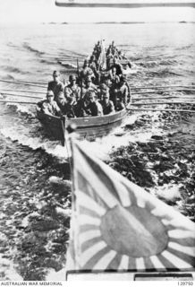 BUKA ISLAND, SOLOMON ISLANDS. 1942. JAPANESE MARINES LANDING BY BOAT ON THE ISLAND