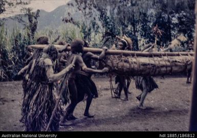 Men carrying large wooden pole