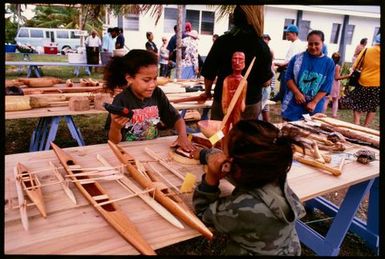 Display of carvings at annual fair, Mutalau, Niue