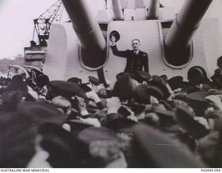 GREAT BRITAIN 1943-06. ADMIRAL SIR GEORGE H. D'OYLY LYON, KCB HANDED OVER THE COUNTY CLASS CRUISER SHROPSHIRE TO THE RAN TO REPLACE HMAS CANBERRA SUNK OFF THE SOLOMONS IN 1942. PHOTOGRAPH SHOWS ..