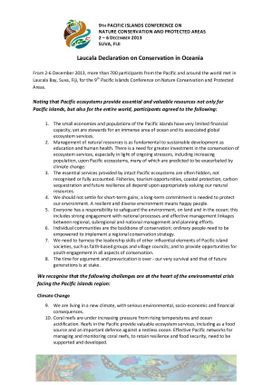 9th Pacific Islands Conference on Nature Conservation and Protected areas, 2-6 December, 2013, Suva, Fiji : Laucala declaration on conservation in Oceania