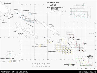 Solomon Islands INDEX, 1:50 000, Series: Sketch (D.C.S. (Misc) 91), Sketch (X714), Sketch (X715), Sketch (D.O.S. Repro 1,2 & 3), 1955-1968