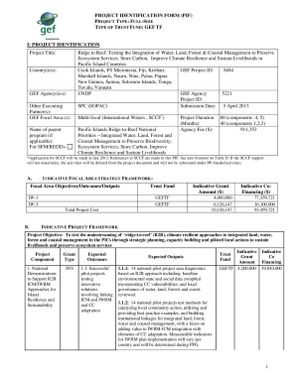 Project Identification Form - Ridge to Reef: Testing the Integration of Water, Land, Forest & Coastal Management to Preserve Ecosystem Services, Store Carbon, Improve Climate Resilience and Sustain Livelihoods in Pacific Island Countries