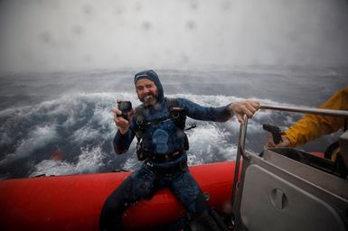 Underwater videographer Kina Scollay after filming Humpback Whales during a storm at Tuvana-i-ra, Fiji during the 2017 South West Pacific Expedition.