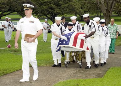 A US Navy (USN) reinterment ceremony in honor of US Navy (USN) SEAMAN Second Class (S2C) Warren Hickock a Pearl Harbor Sailor who was killed in action on December 7th, 1941, was laid to rest at Punchbowl, the National Memorial Cemetery of the Pacific