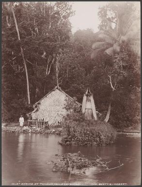 Islet shrine at Tunduo, with man standing on shore in background, Vella Lavella, Solomon Islands, 1906 / J.W. Beattie