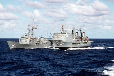 The Australian guided missile frigate HMAS CANBERRA (FFG-02) refuels from the Australian underway replenishment tanker HMAS SUCCESS (AOR-304) as the vessels takes part in exercise RimPac '88 off the coast of Hawaii