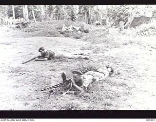 RABAUL, NEW BRITAIN, 1945-12-06. BREN GUNNER FIRING FROM THE GROUND ASSISTED BY A NO 2 GUNNER DURING A DEMONSTRATION OF VARIOUS INFANTRY WEAPONS