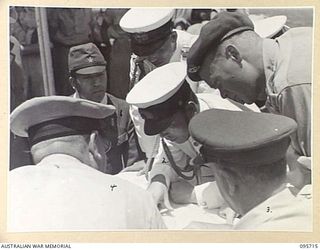 AT SEA OFF RABAUL, NEW BRITAIN. 1945-09-04. PRE- SURRENDER DISCUSSIONS ABOARD HMAS VENDETTA AT A SEA RENDEZVOUS OFF RABAUL BETWEEN REPRESENTATIVES OF LIEUTENANT GENERAL V.A.H. STURDEE, GENERAL ..