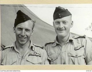 1943-06-26. NEW GUINEA. AUSTRALIAN BEAUFIGHTER CREWS. F/O. J.N. MCROBBIE, LEEDERVILLE, W.A. (PILOT) AND F/O C.J. COOKE, KEDRON, QUEENSLAND (NAVIGATOR.) (NEGATIVE BY N. BROWN)