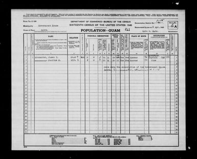 1940 Census Population Schedules - Guam - Agana County - ED 1-15