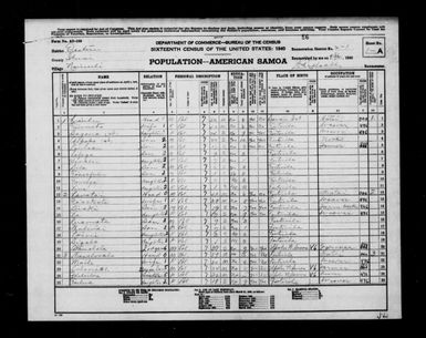 1940 Census - American Samoa - Eastern District of Tutuila County - ED 2-1