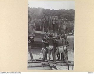 FAURO ISLAND, BOUGAINVILLE AREA. 1945-11-13. JAPANESE WORKING PARTY USING A HAND PILE DRIVER DURING THE BUILDING OF A LANDING POINT. JAPANESE ARMY AND NAVAL TROOPS ARE CONCENTRATED ON FAURO ISLAND ..