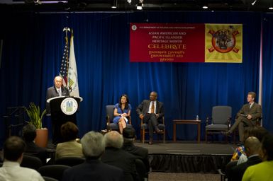 Asian American and Pacific Islanders (AAPI) Heritage event at HUD headquarters, with Hawaii Senator Daniel Inouye and Washington, D.C. television news anchor Eun Yang [among the guest speakers,] and Secretary Shaun Donovan and Deputy Secretary Ron Sims [among the HUD senior officials on hand]