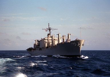 A starboard bow view of the combat stores ship USS NIAGARA FALLS (AFS-3) underway off Oahu, Hawaii.