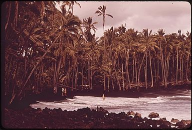 FAMOUS BLACK SAND BEACH AT KAIMU, CREATED BY LAVA RUNOFF, IS A FAVORITE TOURIST STOP. AREA AROUND BEACH IS DUE TO BE DEVELOPED. IN ORDER TO PRESERVE BEACH, THE U.S. ARMY CORPS OF ENGINEERS PLANS TO ADD A NEW FOUNDATION OF SAND UNDER THE EXISTING LAYER. CRITICS ARGUE THIS WOULD CHANGE COLOR OF BEACH, CAUSING IT TO LOSE ITS APPEAL
