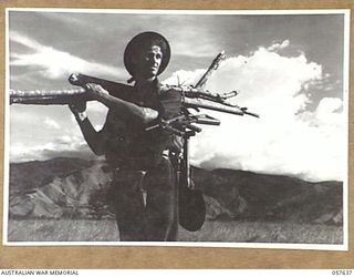 RAMU VALLEY, NEW GUINEA, 1943-10-01. SX18017 PRIVATE K.A. BOXER, "B" COMPANY, 2/27TH AUSTRALIAN INFANTRY BATTALION, LOADED UP WITH WOOD TO ERECT MOSQUITO NET FRAMES WHILE GUARDING AIRFIELD