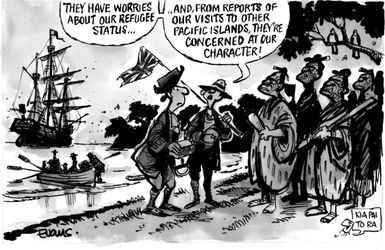 Evans, Malcolm Paul, 1945- :"They have worries about our refugee status... and, from reports from our visits to other Pacific islands, they're concerned at our character!" 21 May 2012