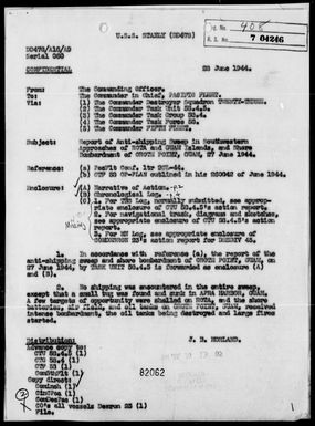 USS STANLY - Report of Anti-Shipping Sweep in Southwestern Approaches of Rota & Guam Islands and Bombardment of Crote Point, Guam Islands, Marianas - 6/27/44