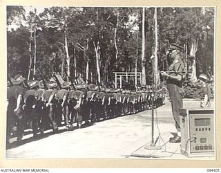 BOUGAINVILLE, SOLOMON ISLANDS, 1944-12-21. D COMPANY, 42 INFANTRY BATTALION, PASSING THE SALUTING DAIS DURING THE MARCH PAST. THE SALUTE WAS TAKEN BY MAJOR-GENERAL W. BRIDGEFORD, GENERAL OFFICER ..