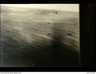 Solomon Sea. 1944-01-21. A Beaufighter aircraft of No. 30 Squadron RAAF circles over a Rescue and Communications Light PBY Catalina landing at sea to rescue Warrant Officer `Shorty' Arthur. Warrant ..