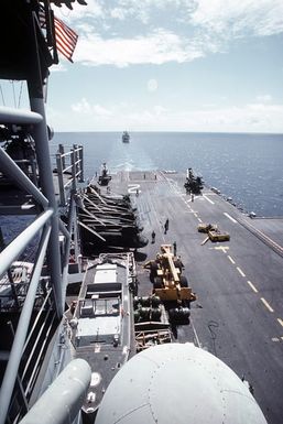 The flight deck of the amphibious assault ship USS SAIPAN (LHA-2). The SAIPAN is participating in a joint U.S. and Spanish exercise, Ocean Venture '81