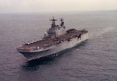 A port bow view of the amphibious assault ship USS SAIPAN (LHA-2) during maritime interdiction operations