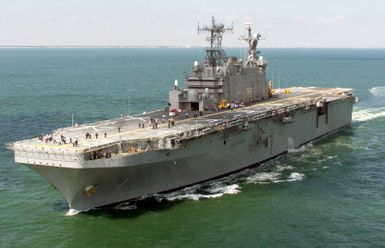 Port bow view of the US Navy (USN) TARAWA CLASS: Amphibious Assault Ship USS SAIPAN (LHA 2) underway off the coast of Virginia Beach, Virginia (VA)