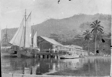 Schooner at wharf with palm trees in the background, Rabaul, New Guinea, ca. 1929, 2 / Sarah Chinnery