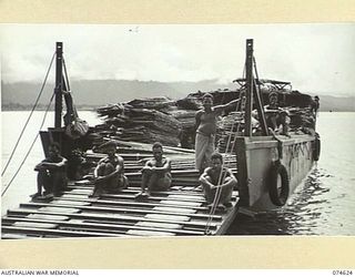 BASAMA-LAE AREA. NEW GUINEA. 1944-07-13. BASAMA NATIVES ABOARD THE AUSTRALIAN NEW GUINEA ADMINISTRATIVE UNIT BARGE LOADED WITH ROOF THATCHING MATERIAL ON THEIR WAY TO LAE FROM BASAMA