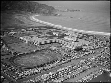 Aerial view of Rongotai, Wellington, including buildings for the New Zealand Centennial Exhibition