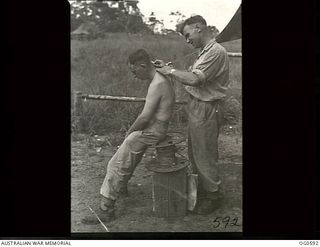 VIVIGANI, GOODENOUGH ISLAND, PAPUA. C. 1944. THE BARBER, SERGEANT T. C. ROBINSON RAAF OF ARIAH PARK, NSW, AND HIS CUSTOMER 69255 SERGEANT C. DALY, ERSKINEVILLE, NSW. THE BARBER'S CHAIR IS A METAL ..