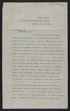 Copy of cable transcript from Rear Admiral Kimberley to United States Navy Secretary, Washington DC