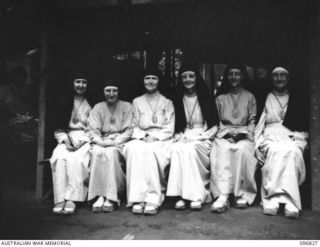 Ramale Mission, Kokopo Area, New Britain. Six Australian Our Lady of the Sacred Heart Sisters, members of a group of 158 white internees who were liberated when troops of HQ 11 Division occupied ..